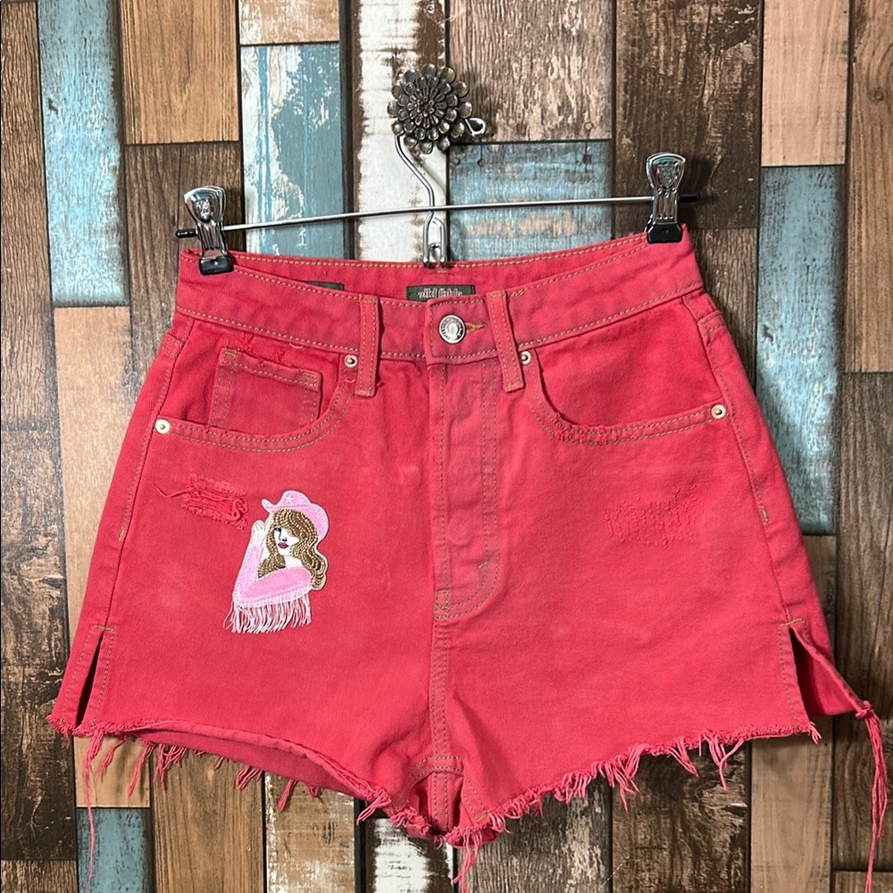 Taylor swift  Red dyed Denim Shorts with patches